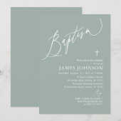 Sage Green White Cross Boy Baptism Invitation Kaart (Voorkant / Achterkant)