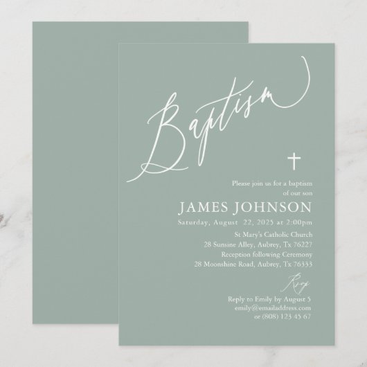 Sage Green White Cross Boy Baptism Invitation Kaart (Voorkant / Achterkant)