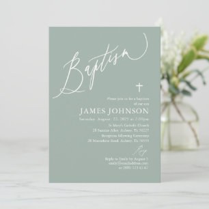 Sage Green White Cross Boy Baptism Invitation Kaart