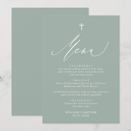 Sage Green White Cross Boy Baptism Menu Kaart (Voorkant / Achterkant)