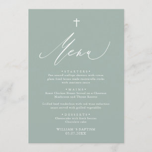 Sage Green White Cross Boy Baptism Menu Kaart