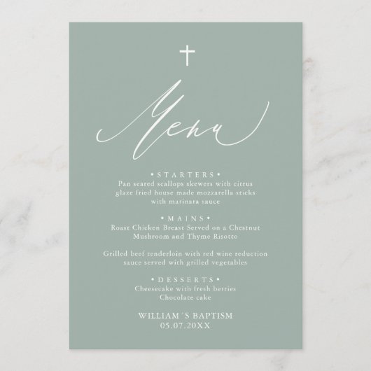 Sage Green White Cross Boy Baptism Menu Kaart (Voorkant)