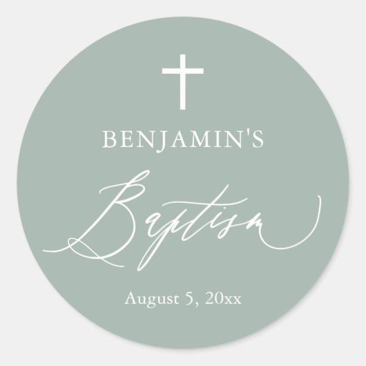 Sage Green White Cross Boy Baptism Round Sticker (Voorkant)