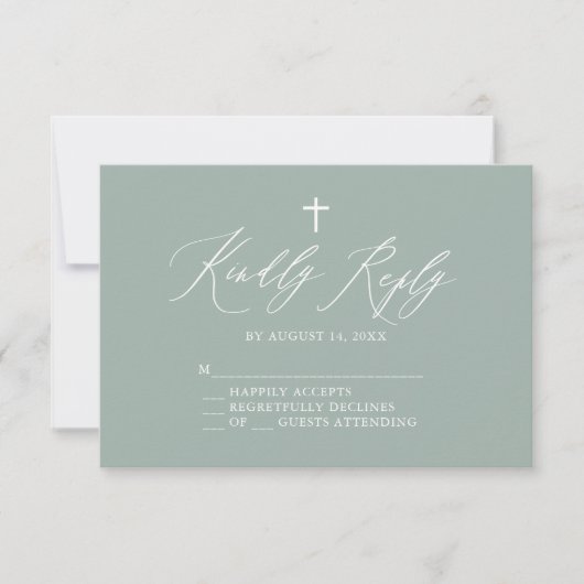 Sage Green White Cross Boy Baptism RSVP-kaart RSVP Kaartje (Voorkant)