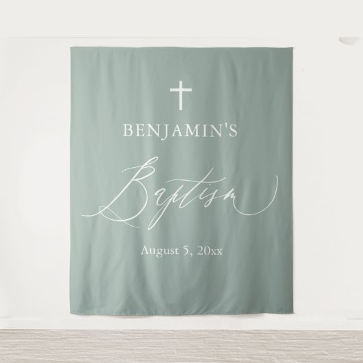 Sage Green White Cross Boy Baptisme Fotoachtergron Wandkleed (Voorkant)