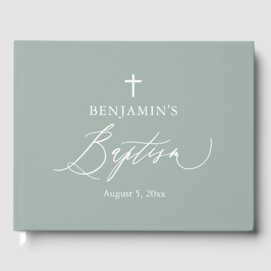 Sage Green White Cross Boy Baptisme Guest Book Gastenboek (Voorkant)