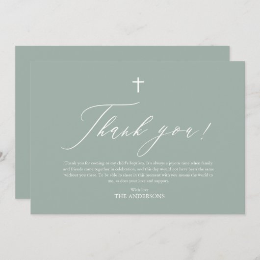 Sage Green White Cross Boy Baptisme Hartelijk dank Kaart (Voorkant / Achterkant)