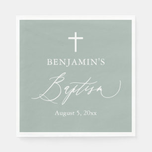 Sage Green White Cross Boy Baptisme Paper Napkins Servet