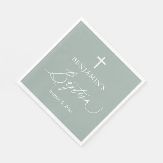 Sage Green White Cross Boy Baptisme Paper Napkins Servet (Hoek)
