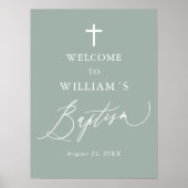 Sage Green White Cross Boy Baptisme Welcome Sign Poster (Voorkant)