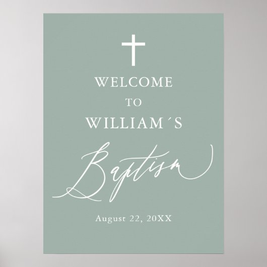 Sage Green White Cross Boy Baptisme Welcome Sign Poster (Voorkant)