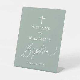 Sage Green White Cross Boy Baptisme Welcome Sign Reclamebord Met Voetstuk
