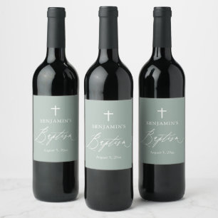 Sage Green White Cross Boy Baptisme Wine Label Wijn Etiket