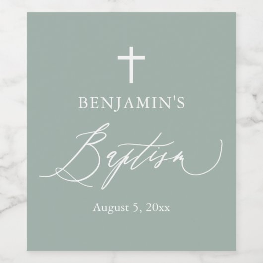 Sage Green White Cross Boy Baptisme Wine Label Wijn Etiket (Enkel label)