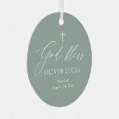 Sage Green White Cross Photo Boy Baptism Ornament (Voorkant Rechts)