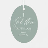 Sage Green White Cross Photo Boy Baptism Ornament (Voorkant links)