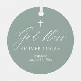 Sage Green White Cross Photo Boy Baptism Ornament