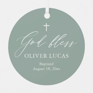 Sage Green White Cross Photo Boy Baptism Ornament