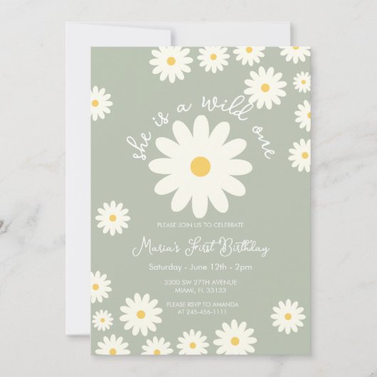 Sage Green White Daisy Ze is een Wild ONE Verjaard Kaart (Voorkant)
