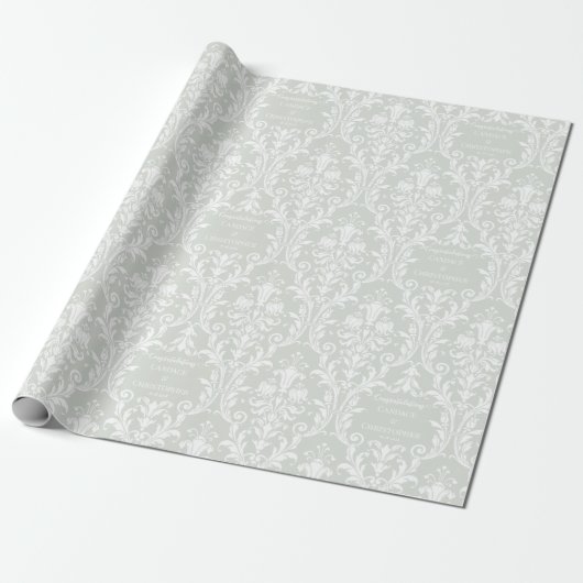 Sage Green White Damask voeg naam toe & is gefelic Cadeaupapier (Uitgerold)