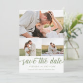 Sage Green White Elegant Bold Script Photo Collage Save The Date (Staand voorkant)