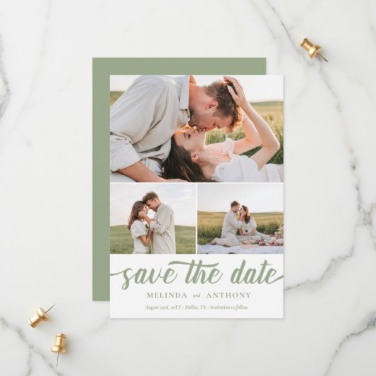 Sage Green White Elegant Bold Script Photo Collage Save The Date (Voorkant / Achterkant in situ)