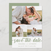 Sage Green White Elegant Bold Script Photo Collage Save The Date (Voorkant / Achterkant)