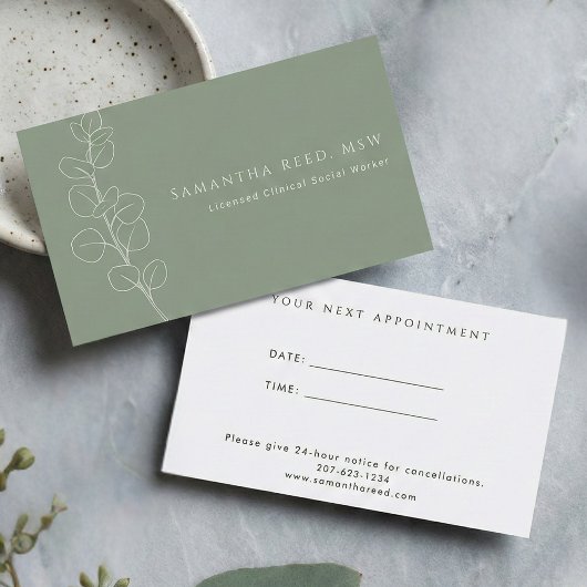Sage Green White Eucalyptus Therapist Appointment Visitekaartje
