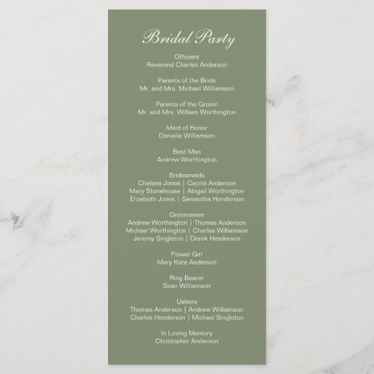 Sage Green White Floral Botanical Wedding Programm Menu (Achterkant)
