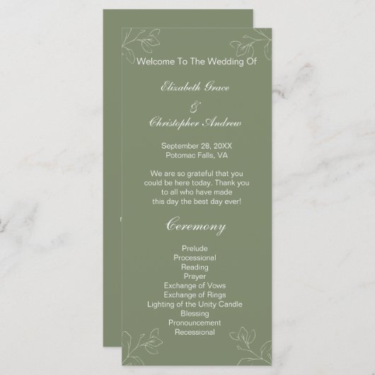 Sage Green White Floral Botanical Wedding Programm Menu (Voorkant / Achterkant)