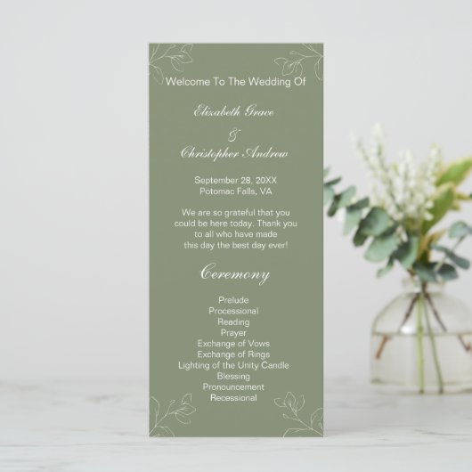 Sage Green White Floral Botanical Wedding Programm Menu (Staand voorkant)