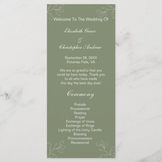 Sage Green White Floral Botanical Wedding Programm Menu (Voorkant)