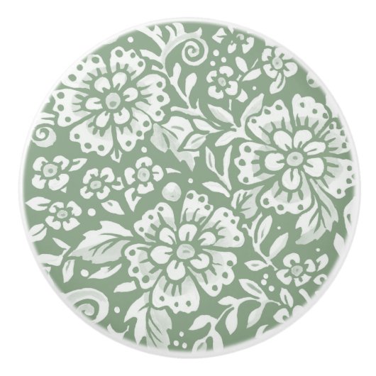 Sage Green White Floral Damask Pattern Keramische Knop (Voorkant)