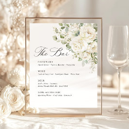 Sage Green White Floral Elegant Wedding Bar Menu Reclamebord Met Voetstuk
