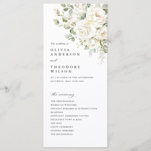Sage Green White Floral Elegant Wedding Ceremony Programmakaart (Voorkant)