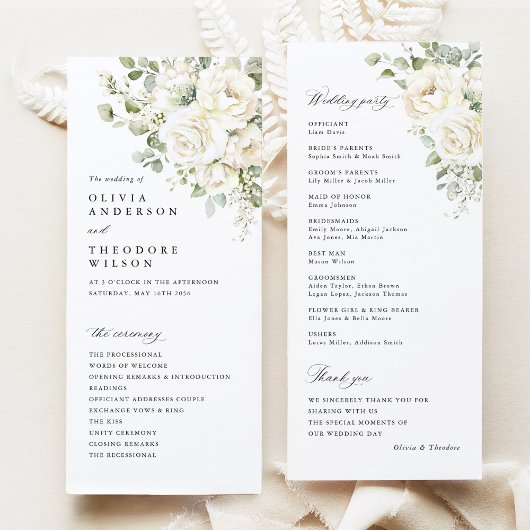 Sage Green White Floral Elegant Wedding Ceremony Programmakaart