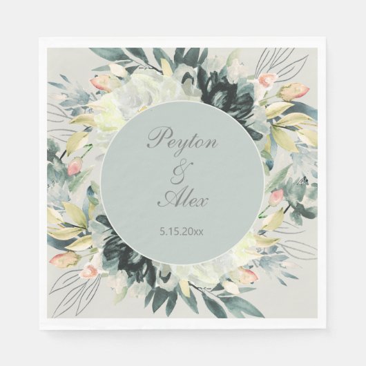 Sage Green White Floral Glitter Wedding Servet (Voorkant)