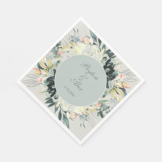 Sage Green White Floral Glitter Wedding Servet (Hoek)
