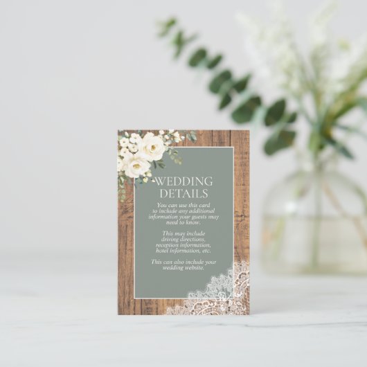 Sage Green White Floral Lace Wood Details Informatiekaartje (Staand voorkant)