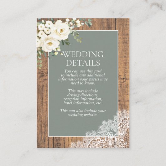 Sage Green White Floral Lace Wood Details Informatiekaartje (Voorkant)