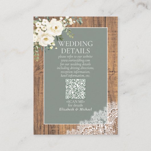 Sage Green White Floral Lace Wood QR Code Details Informatiekaartje (Voorkant)