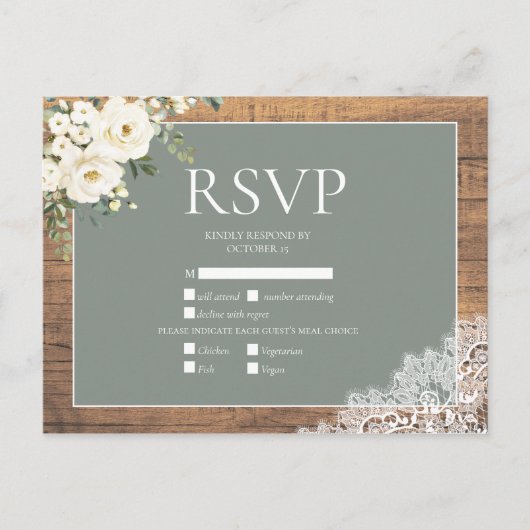Sage Green White Floral Lace Wood Weddenschap RSVP Uitnodiging Briefkaart (Voorkant)