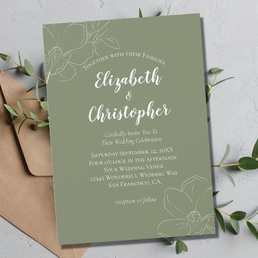 Sage Green White Floral Modern Wedding Invitation Kaart