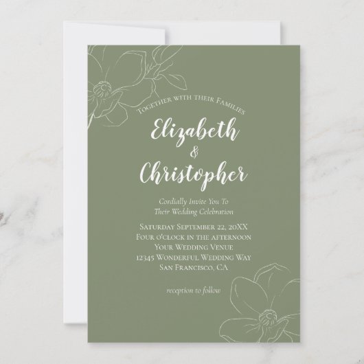 Sage Green White Floral Modern Wedding Invitation Kaart (Voorkant)