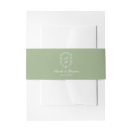 Sage Green & White Floral Monogram Crest Wedding Uitnodigingen Wikkel