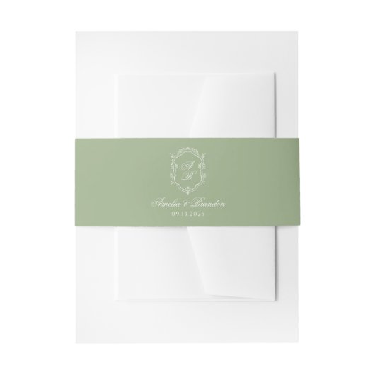Sage Green & White Floral Monogram Crest Wedding Uitnodigingen Wikkel (Voorkant Voorbeeld)