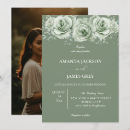 Sage Green White Floral Photo Back Wedding  Kaart