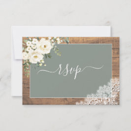 Sage Green White Floral Script Lace Wood RSVP