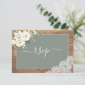 Sage Green White Floral Script Lace Wood RSVP (Staand voorkant)