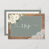Sage Green White Floral Script Lace Wood RSVP (Voorkant / Achterkant)